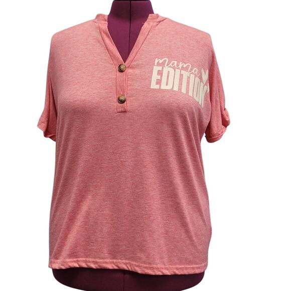 Hand Printed Upcycled Womens 2XL Mama Edition Short Sleeve Half Button Tee Shirt - Picture 1 of 5